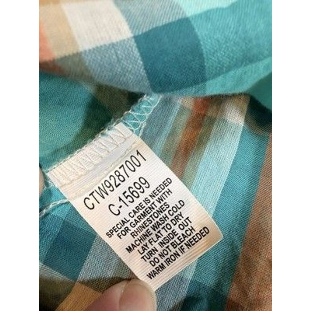 Cruel Women's Large Plaid Western Shirt Rhinestone Studded Turquoise Coral - Picture 8 of 12